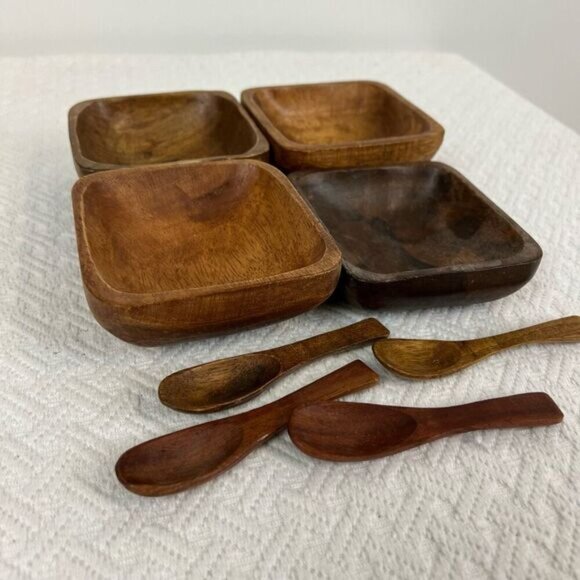 Vintage Antique 8 Piece Teak Wood Primordial Bowl and Spoon Sauce Serve Set - Picture 12 of 13